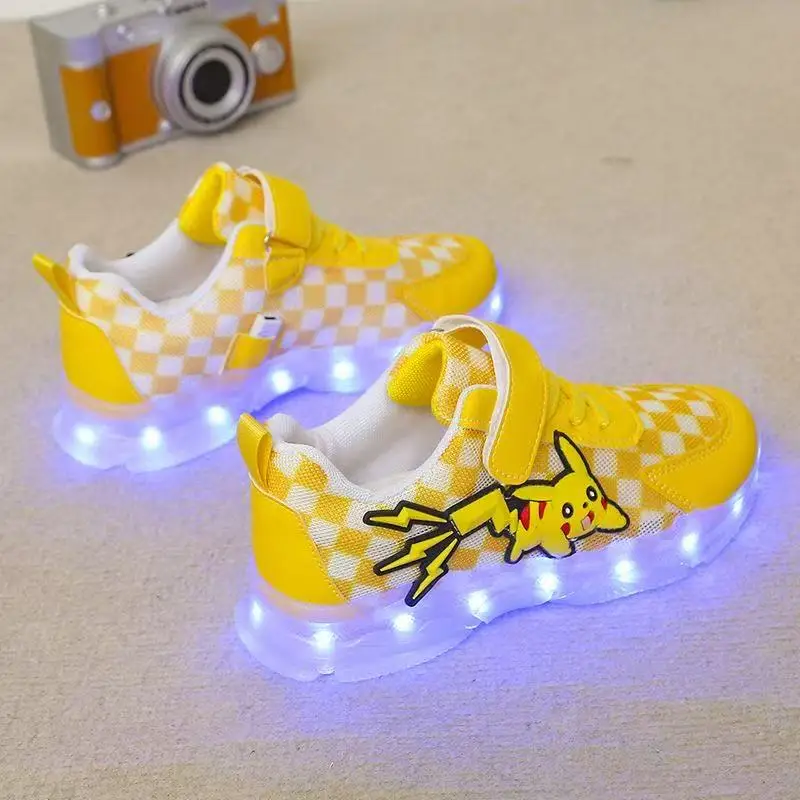 real photos Pikachu Luminous For Boys Baby Colorful Night Glow Spring And Autumn Lights Sports grils kids children Casual flats