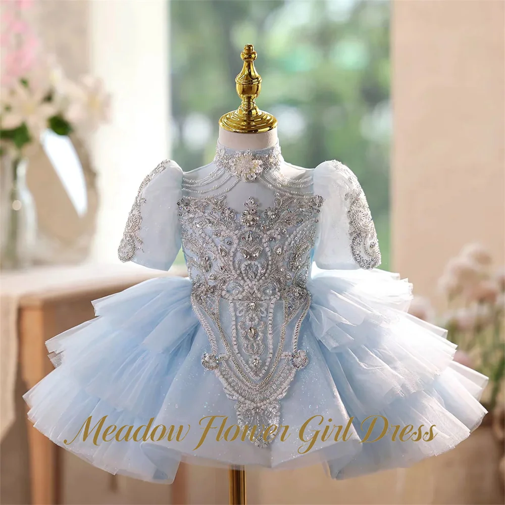 Meadow Light Blue Princess Girls Gown Short Sleeve Flower Girl Gown Layered Hem Elegant Kids Girl Birthday Party Dress