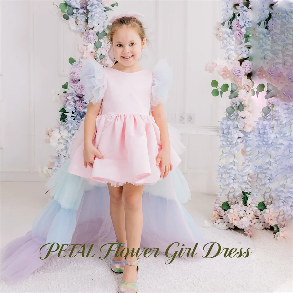 Petal High Low Princess Girls Dress Colorful Rainbow Train Kids Birthday Party Dress Light Pink Tutu Fluffy Prom Gown Customized