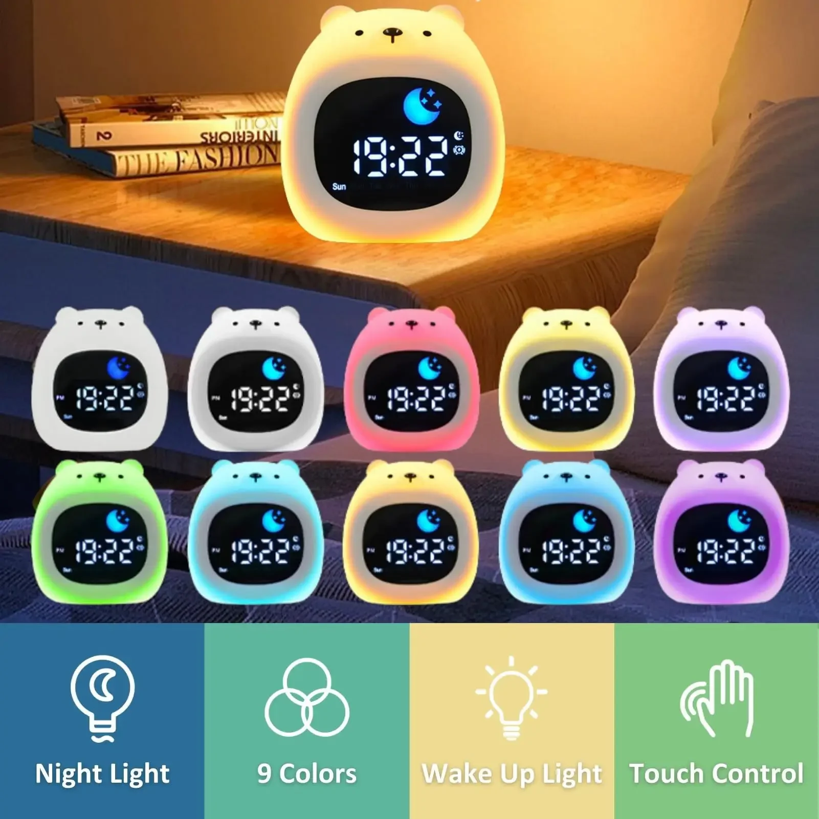Cute Kids Alarm Clock & Toddler Sleep Trainer Touch-activated Night Light With Color Change, Gentle Wake-up For Nursery Bed