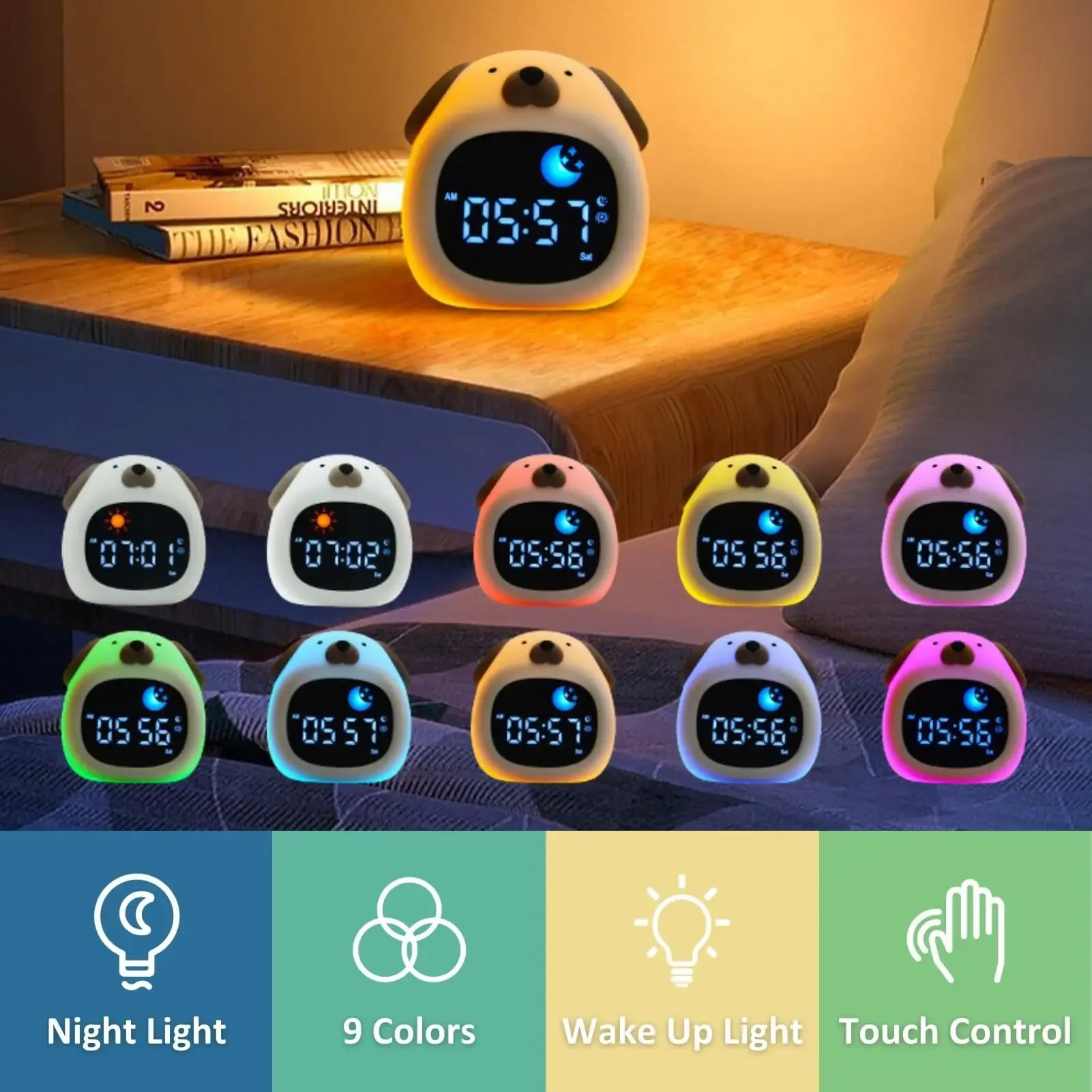 Cute Kids Alarm Clock & Toddler Sleep Trainer Touch-activated Night Light With Color Change, Gentle Wake-up For Nursery Bed
