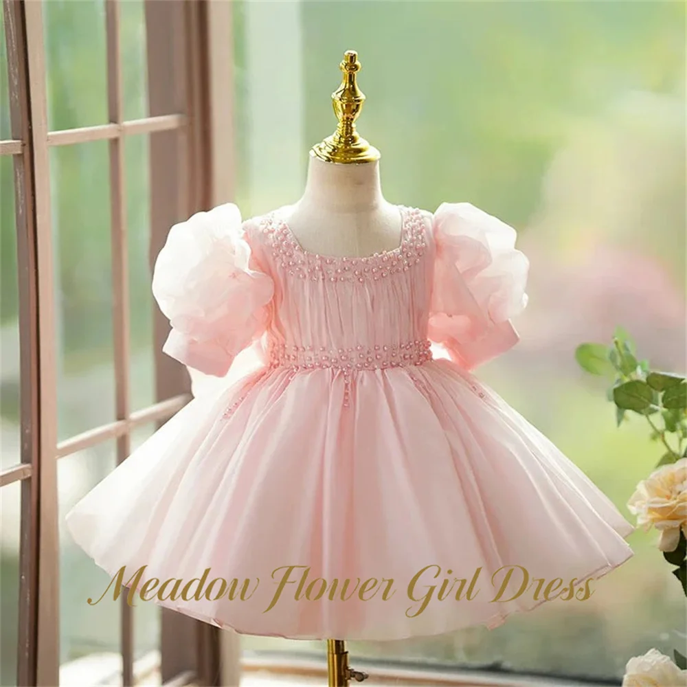 Meadow Light Pink Flower Girl Dress with Bow Princess Girls Dress A Line Short Sleeve Beading On Chest Kids Birthday Party Dress