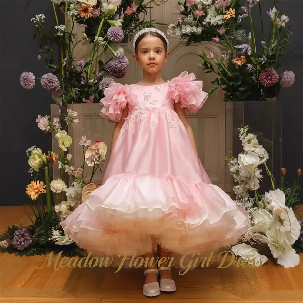 Meadow Light Pink Kids Birthday Party Dress Round Neck Pageant Dress for Girl with Embroidery Applique First Communion Gown