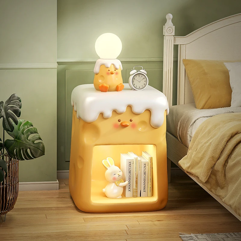 Cute Cream-Colored Cheese Duck Nightstand with LED Touch Light Kids Bedside Table Small Storage Cabinet for Room