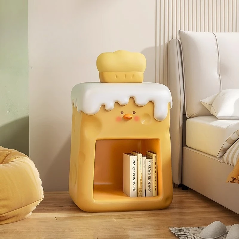 Cute Cream-Colored Cheese Duck Nightstand with LED Touch Light Kids Bedside Table Small Storage Cabinet for Room