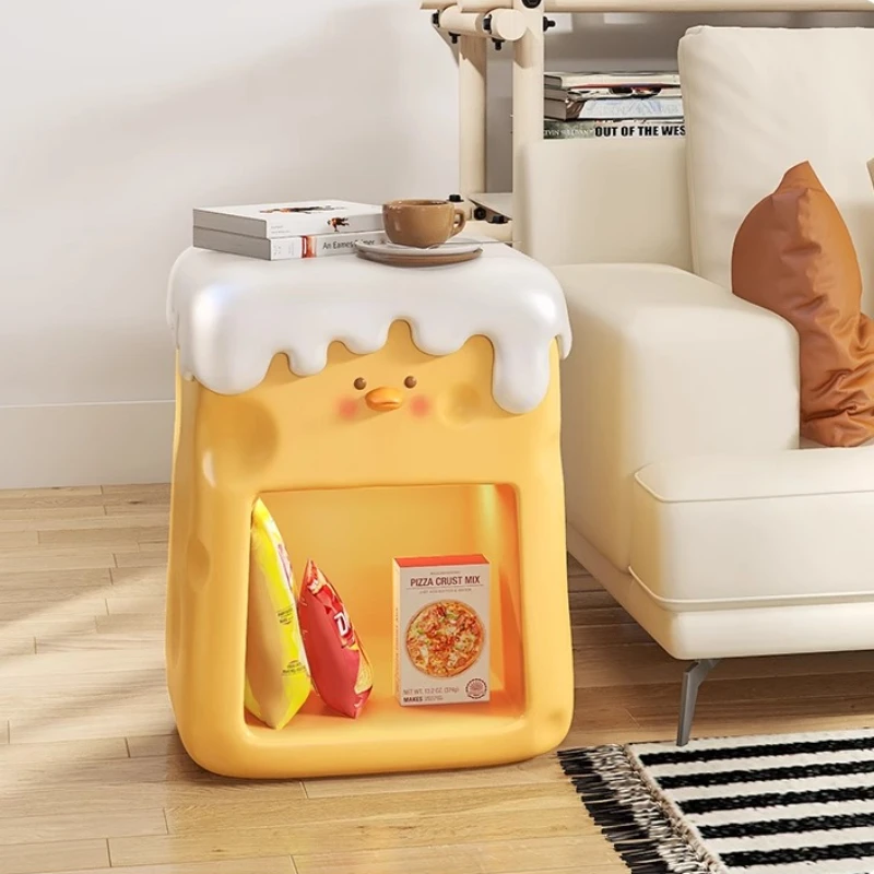 Cute Cream-Colored Cheese Duck Nightstand with LED Touch Light Kids Bedside Table Small Storage Cabinet for Room