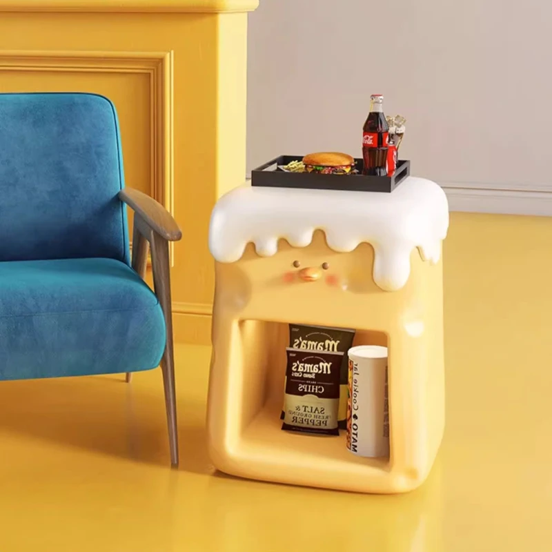 Cute Cream-Colored Cheese Duck Nightstand with LED Touch Light Kids Bedside Table Small Storage Cabinet for Room