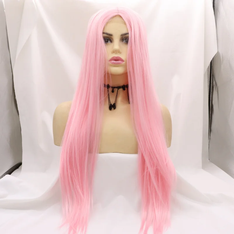 Pink synthetic fiber lace wig with middle parting and long straight hair