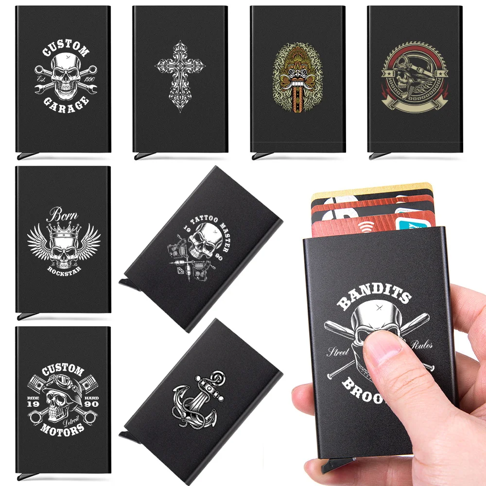 Slim Aluminum Wallet with Elasticity Back Pouch ID Credit Card Holder Mini Wallet Automatic Pop Up Bank Card Case Skull Pattern