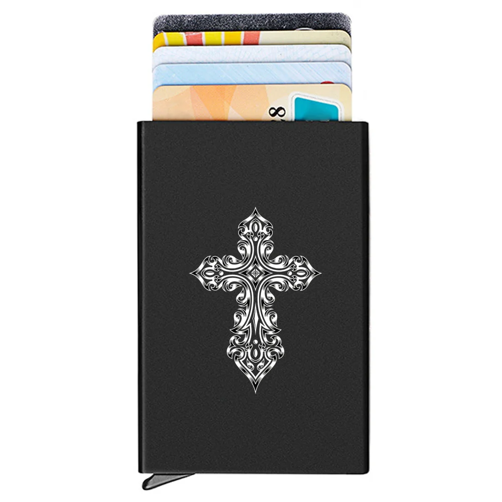 Slim Aluminum Wallet with Elasticity Back Pouch ID Credit Card Holder Mini Wallet Automatic Pop Up Bank Card Case Skull Pattern