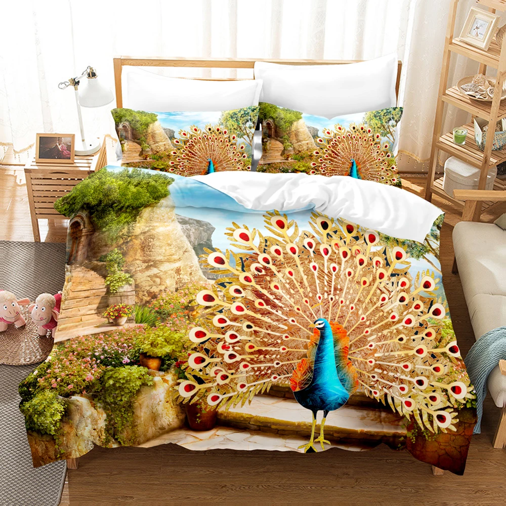 228x228 Bedding Set Adults Peafowl Duvet Cover Pillowcases Bed Cover Sets Twin Full Queen King Home Textile 100% Bamboo Fiber