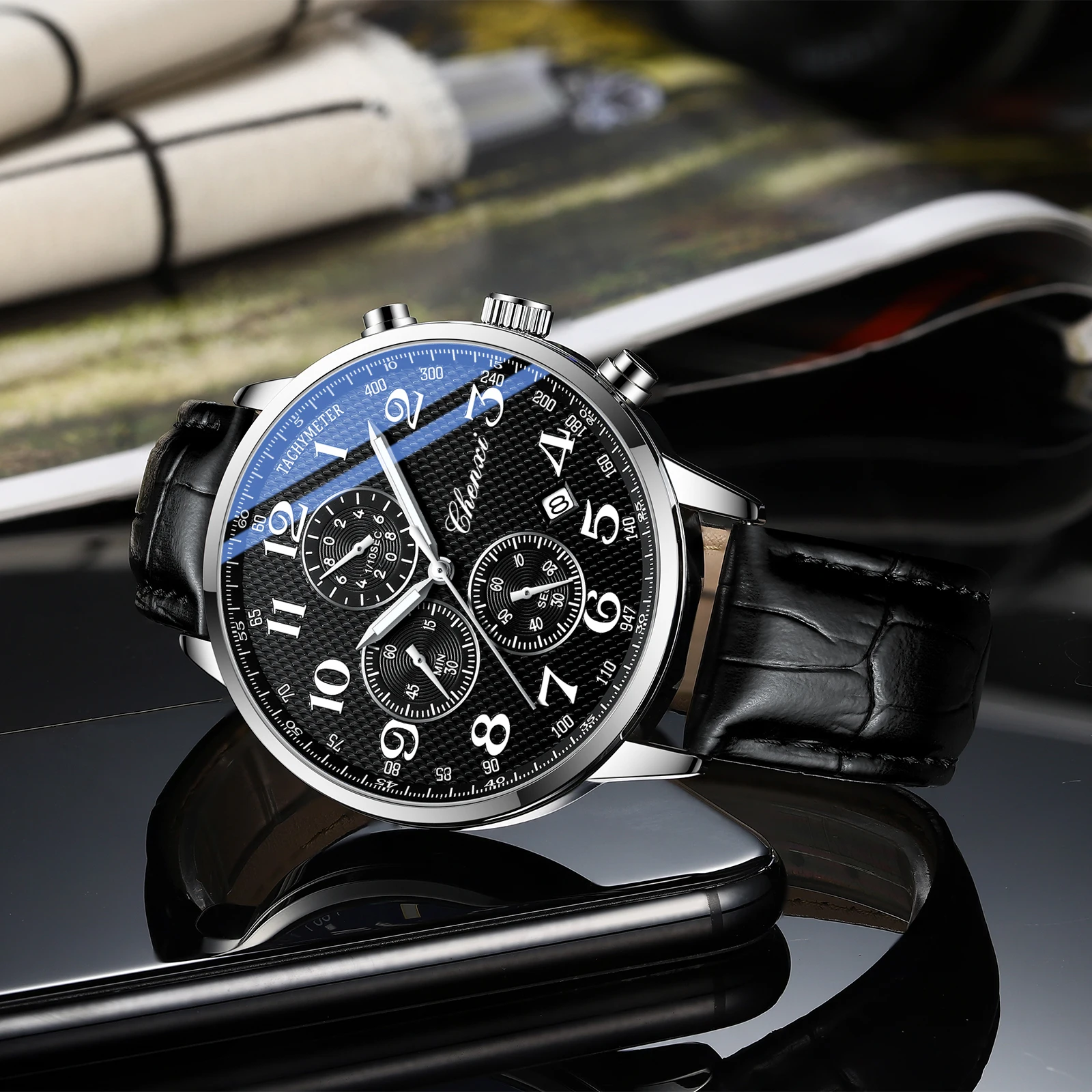 Premium Casual Brand Multi-Function Men's Watch Water-Resistant Luminous Date Chronograph Leather Strap Quartz Men's Wristwatch