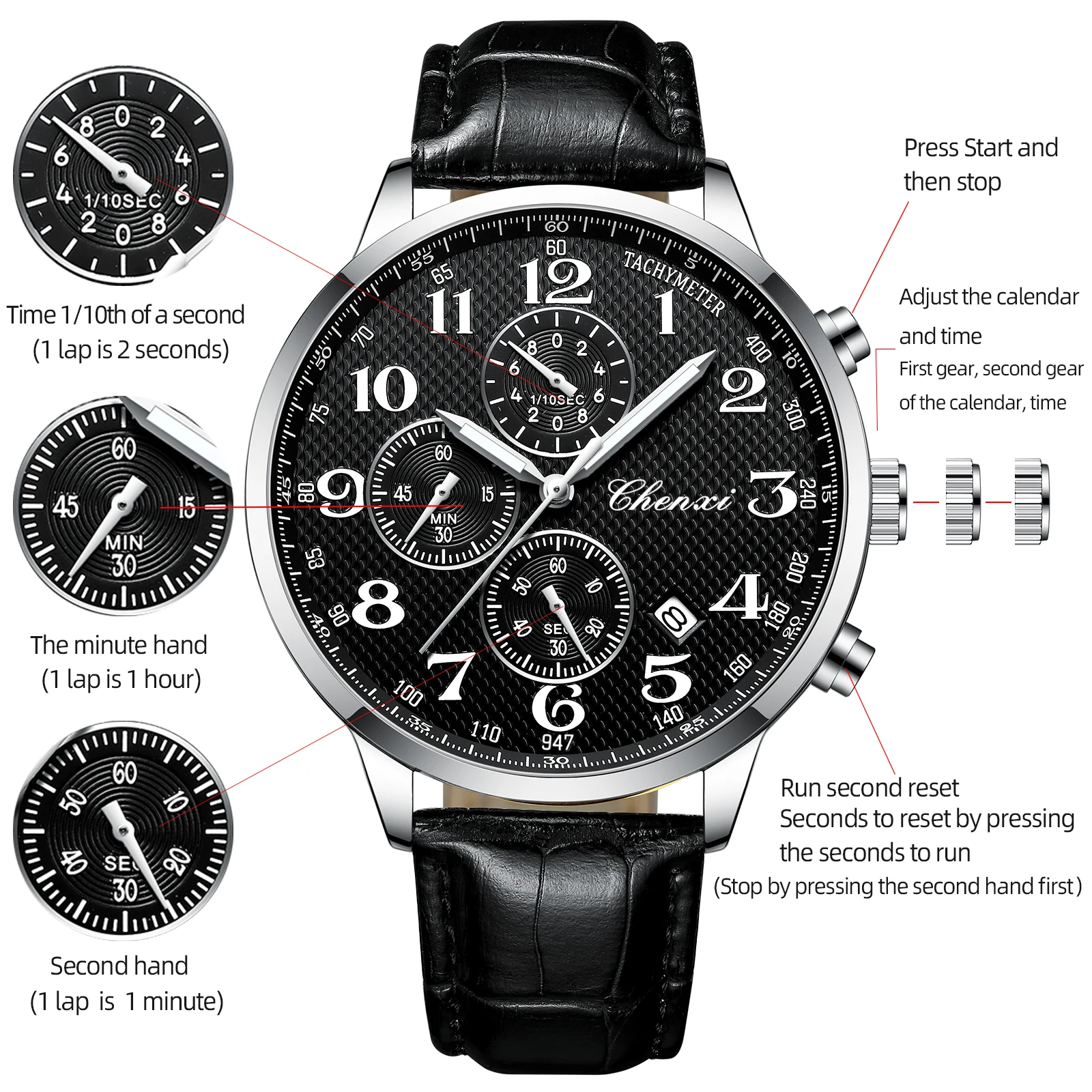 Premium Casual Brand Multi-Function Men's Watch Water-Resistant Luminous Date Chronograph Leather Strap Quartz Men's Wristwatch