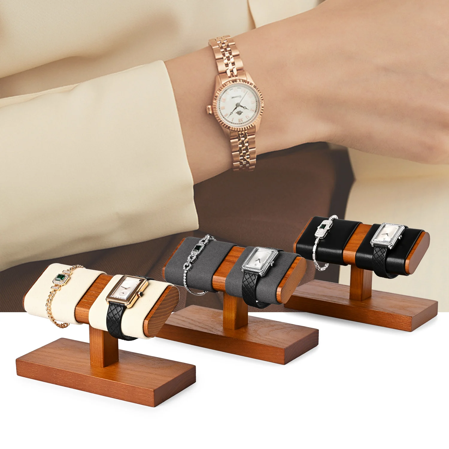 Premium Wooden Watch Display Stand Jewelry Storage Tray , Velvet Lined, Wood Organizer for Watches, Rings, Earrings & Bracelets