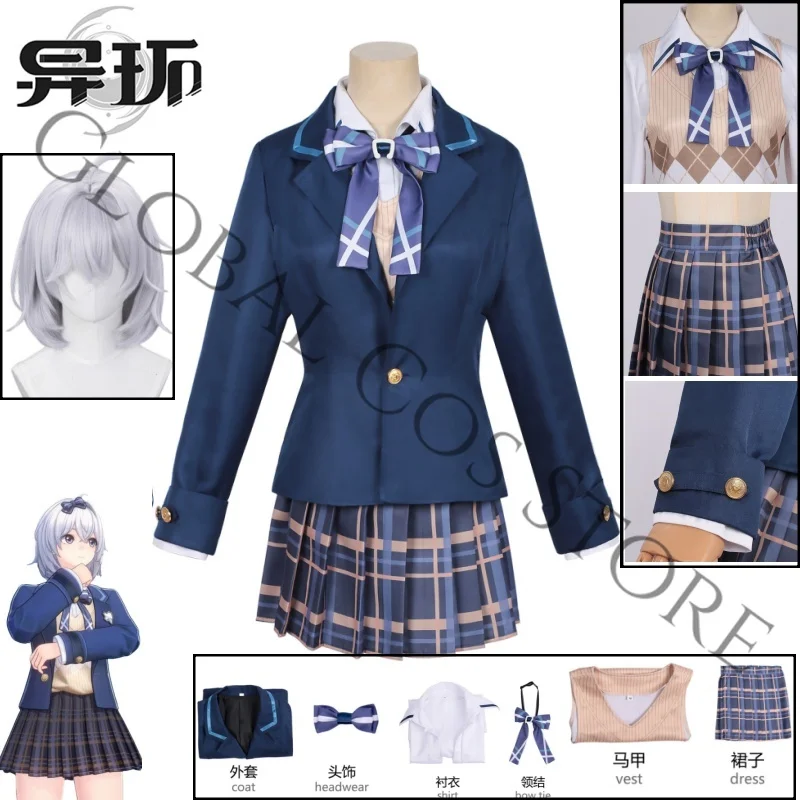 Game Woman Zero Cosplay Costume Wig Japanese School Uniform Cos Blue Blazer Plaid Bow HighWaisted Skirt Set Neverness ToEverness