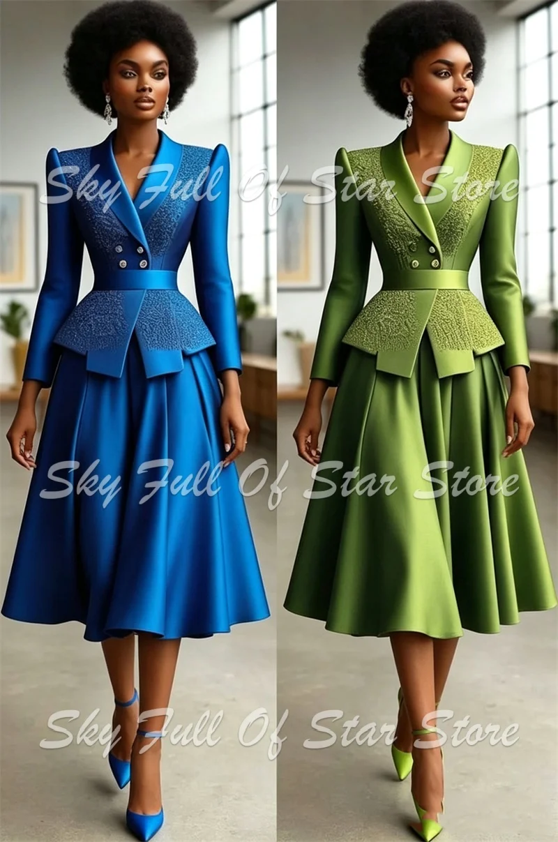 Women Suit Set 2 Pcs Jacquard Peplum Waist Blazer+Satin Midi Skirt Custom Formal Evening Wedding Party Lady Outfit Multi Colors