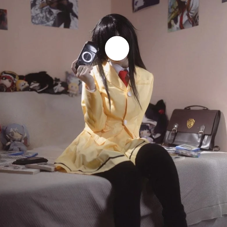 Anime WataMote Tomoko Kuroki Cosplay Japanese School Uniform Costume Cream Yellow Blazer White Shirt Red Tie Pleated Skirt Set