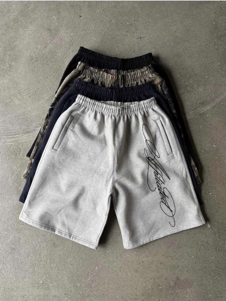 HOUZHOU American Style Retro Washed Print Casual Shorts Loose-Fit Streetwear Straight-Leg Pants Summer Y2k Jogging Shorts