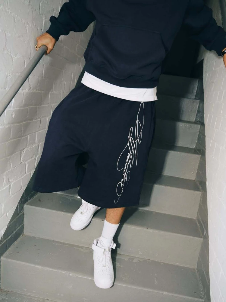 HOUZHOU American Style Retro Washed Print Casual Shorts Loose-Fit Streetwear Straight-Leg Pants Summer Y2k Jogging Shorts