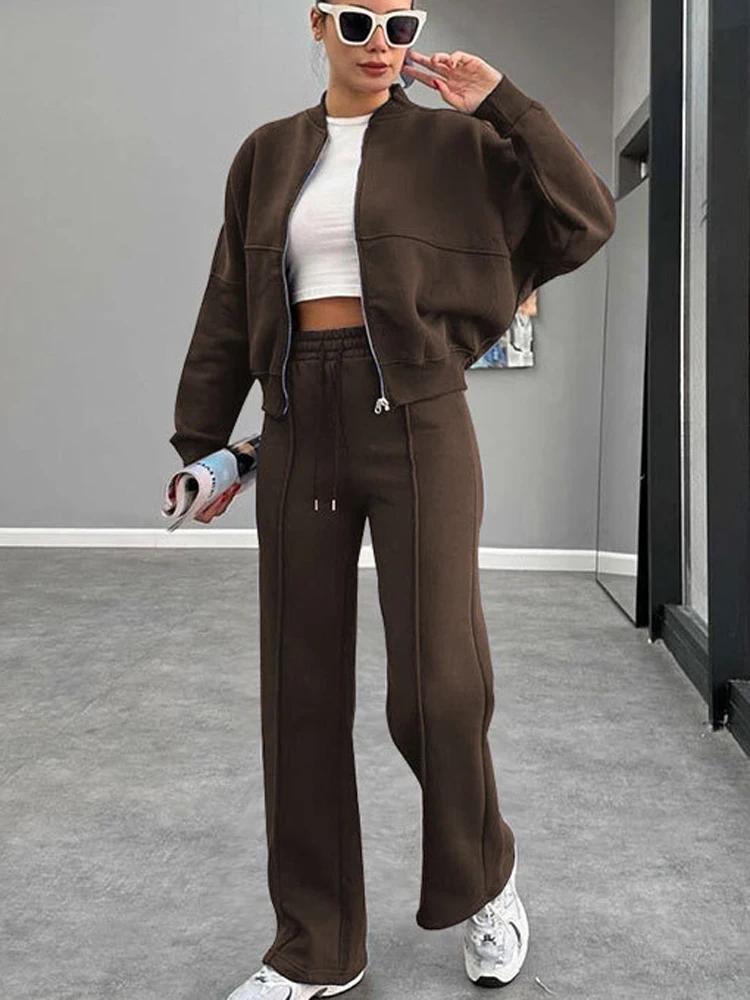 FSMG Casual Sweatshirt Pants Set Solid Zippers Jackets Loose High Waist Lace-up Elastic Waist Trousers Suits Sportswear 2 Pieces