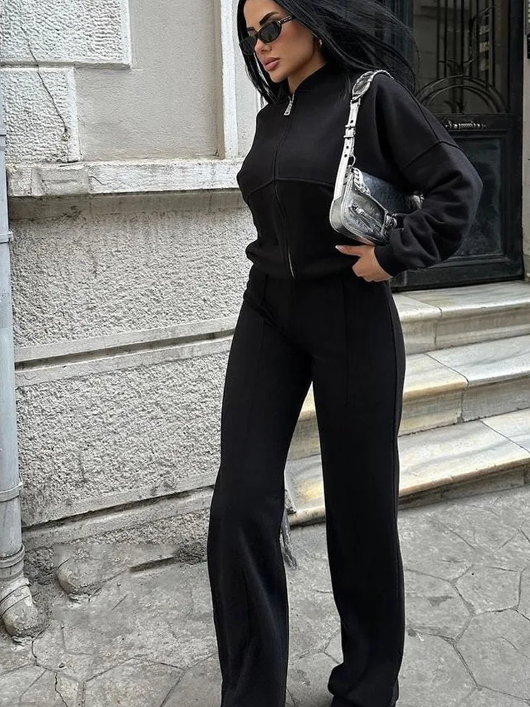 FSMG Casual Sweatshirt Pants Set Solid Zippers Jackets Loose High Waist Lace-up Elastic Waist Trousers Suits Sportswear 2 Pieces