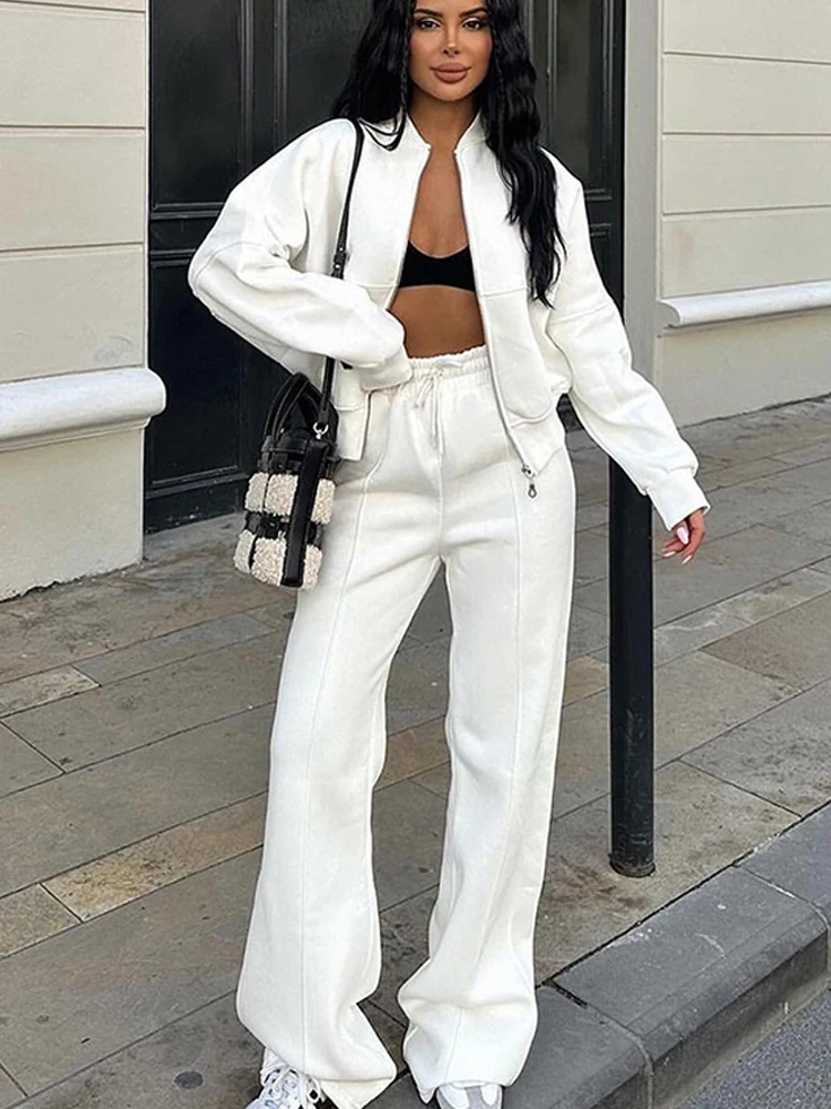 FSMG Casual Sweatshirt Pants Set Solid Zippers Jackets Loose High Waist Lace-up Elastic Waist Trousers Suits Sportswear 2 Pieces
