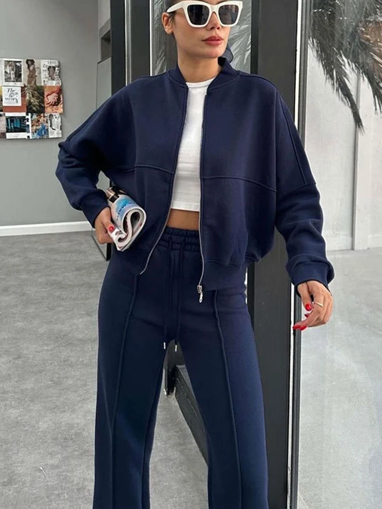 FSMG Casual Sweatshirt Pants Set Solid Zippers Jackets Loose High Waist Lace-up Elastic Waist Trousers Suits Sportswear 2 Pieces