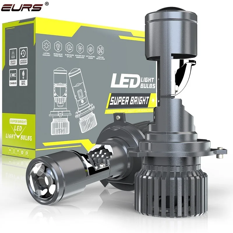 EURS 130W H4 Mini Projector LED Car Headlight Bulbs High Beam Low Beam H4 Projector Lens Headlamp Turbo Fan LED Lights 6000k 12V