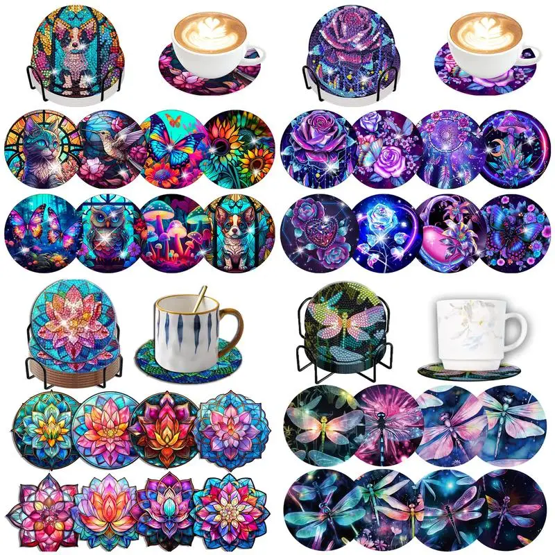 8pcs/Set DIY Diamond Painting Coasters with Holder Anti Slip Wood Drip Mats Crystal Rhinestones Diamond Art Coasters for Adults