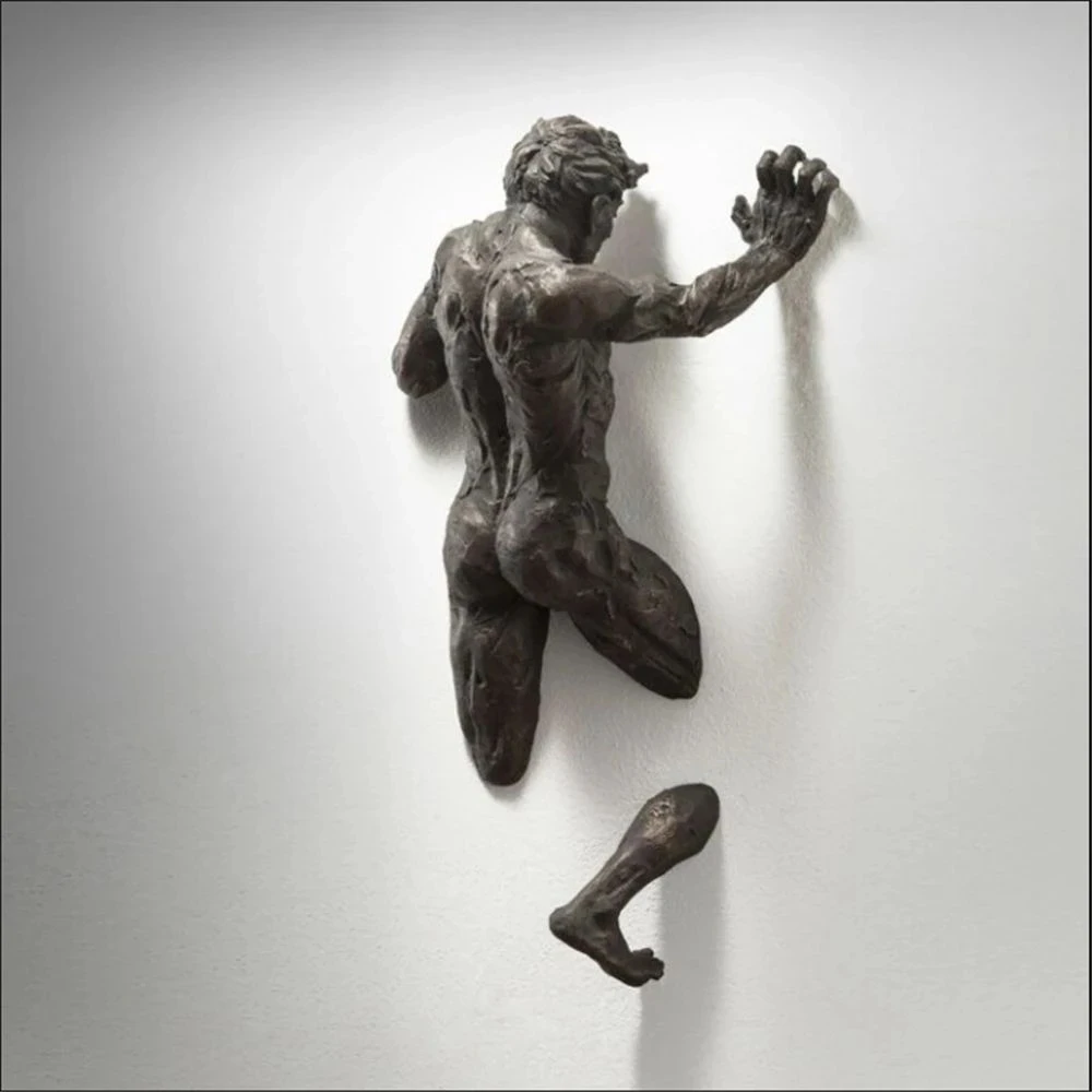 Imitation Copper Wall Decor Abstract Character Resin Rock Climbing Man Statue Sculpture Background Wall Art 3D Through Wall