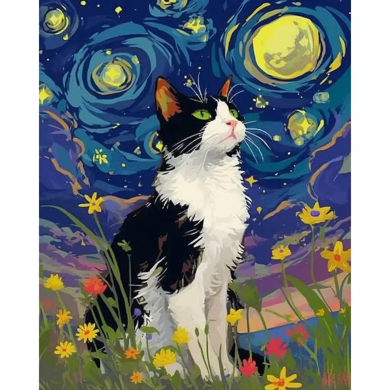 PhotoCustom Diy Full Round Diamond Animal Painting For Adult Rhinestone Cat Pictures Complete Kit Home Decor