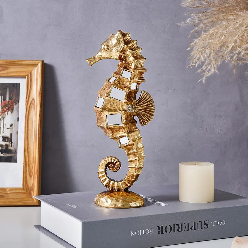 Creative Resin Material Mirror Seahorse Shaped Handicraft Statue Decoration, Suitable for Family Gatherings and Home Decoration