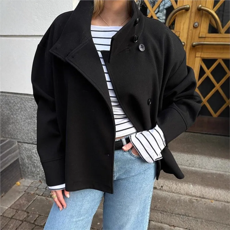 Autumn Winter Women Stand Collar Woolen Coats Single Breasted Long Sleeve Turtleneck Loose Short Coat New Double-Breasted Jacket