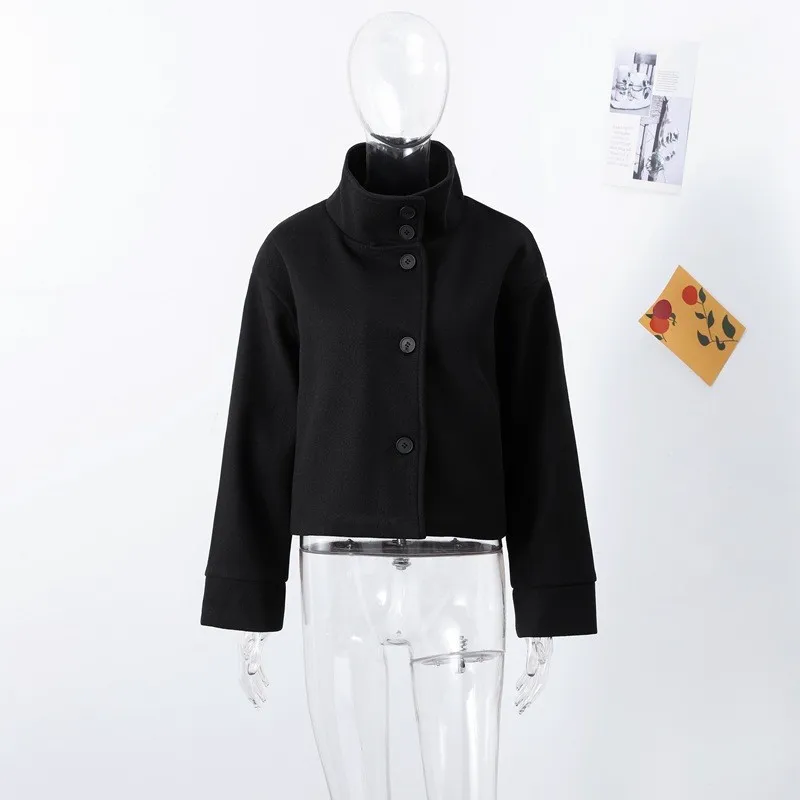 Autumn Winter Women Stand Collar Woolen Coats Single Breasted Long Sleeve Turtleneck Loose Short Coat New Double-Breasted Jacket