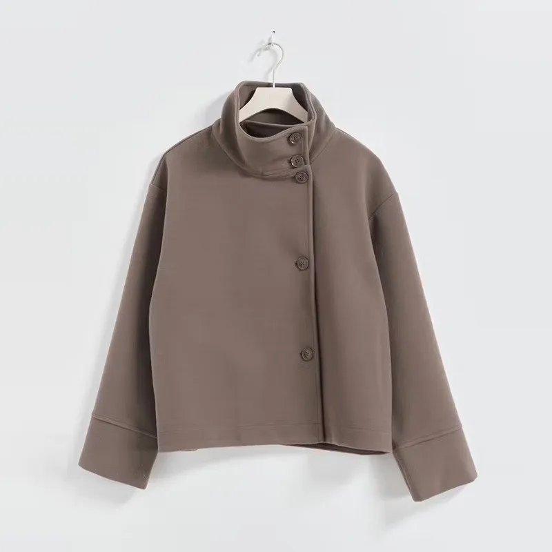 Autumn Winter Women Stand Collar Woolen Coats Single Breasted Long Sleeve Turtleneck Loose Short Coat New Double-Breasted Jacket