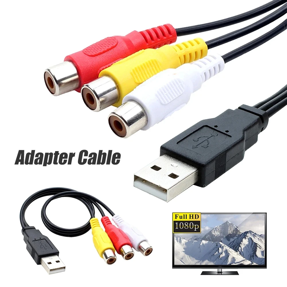 USB VHS to DVD DVR RCA USB-A Male To 3RCA Female/Male Jack Splitter Adapter Audio Video AV Composite Cable for USB-enabled TV PC