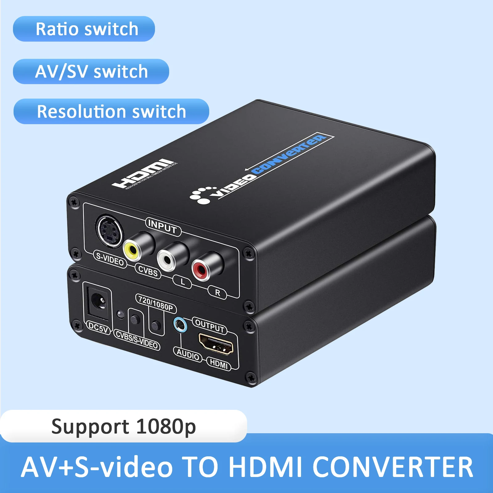 AV S Video CVBS to HDMI Converter Upscaler HD 3RCA to HDMI Adapter Support PAL/NTSC Switch for VHS/N64/PS2/WII to HDTV