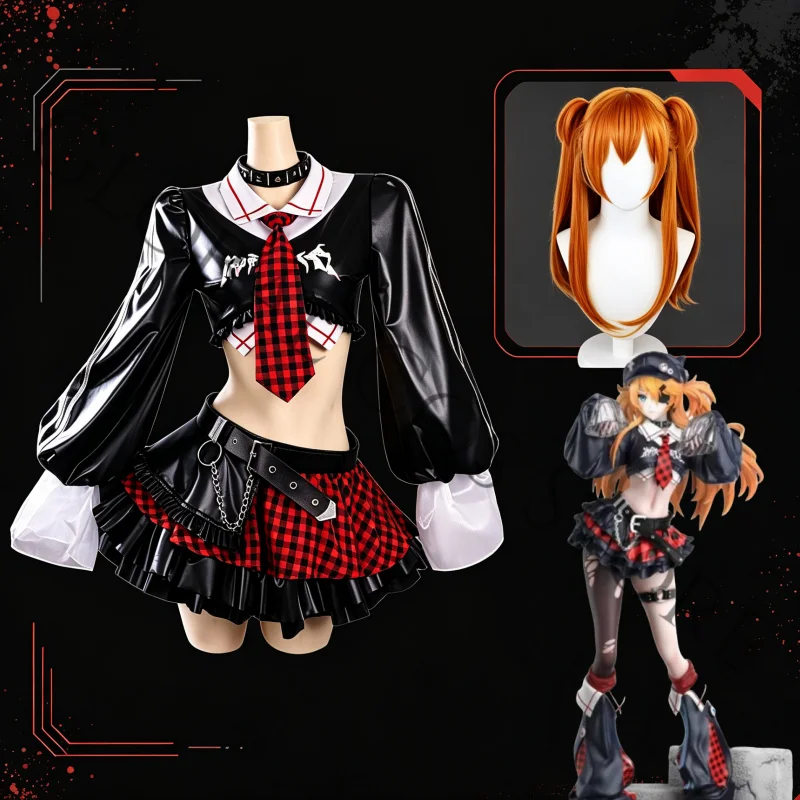 Asuka Langley Soryu Cosplay Costume Black Red Plaid Rock Band Suit with Jacket Tie Skirt Belt and Wig Accessories for Halloween