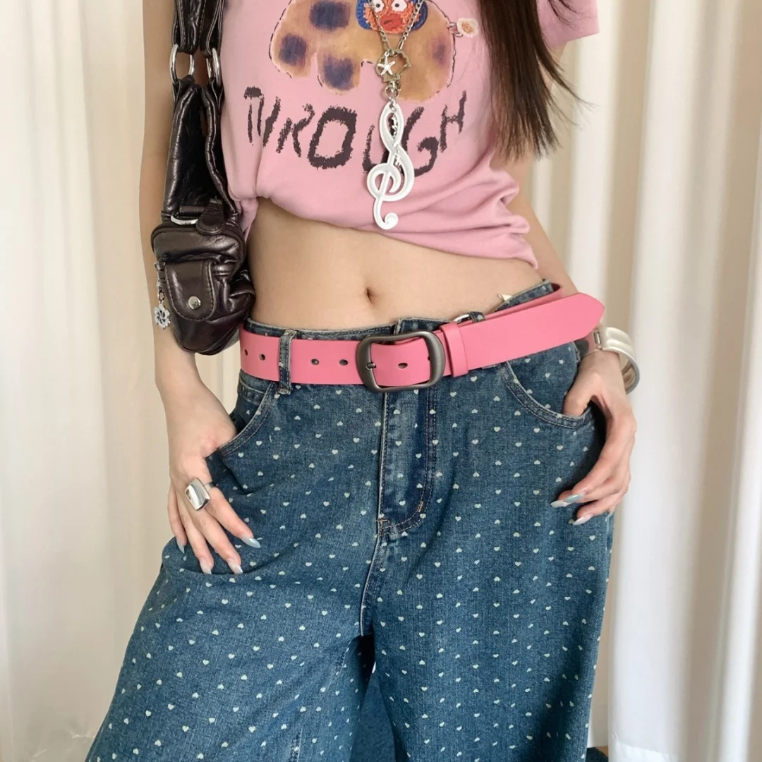 Dopamine Pink Wide PU Belt with Matte Square Buckle for Women Girls Jeans Skirt Daily Streetwear Fashion Accessory