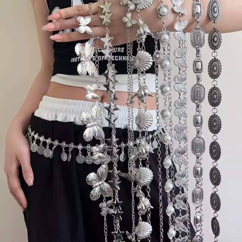 Designer Retro Bohemian Ethnic Style High-End Silver Metal Chain Waist Accessory for Women Skirt Jeans Belt