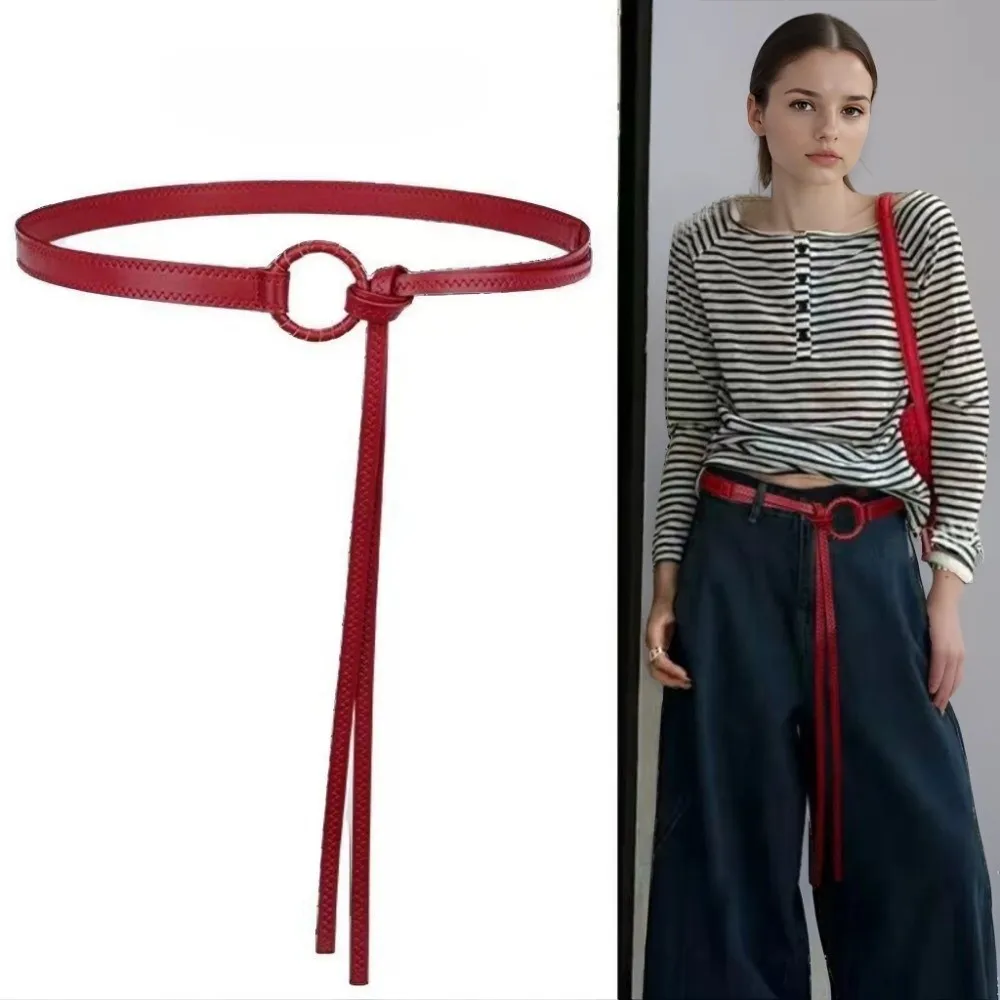 Fashion Pu Leather Waist Belt Slim Rope Belt Decorative Waist Chain Red Waist Rope Skirt Decorative Accessory