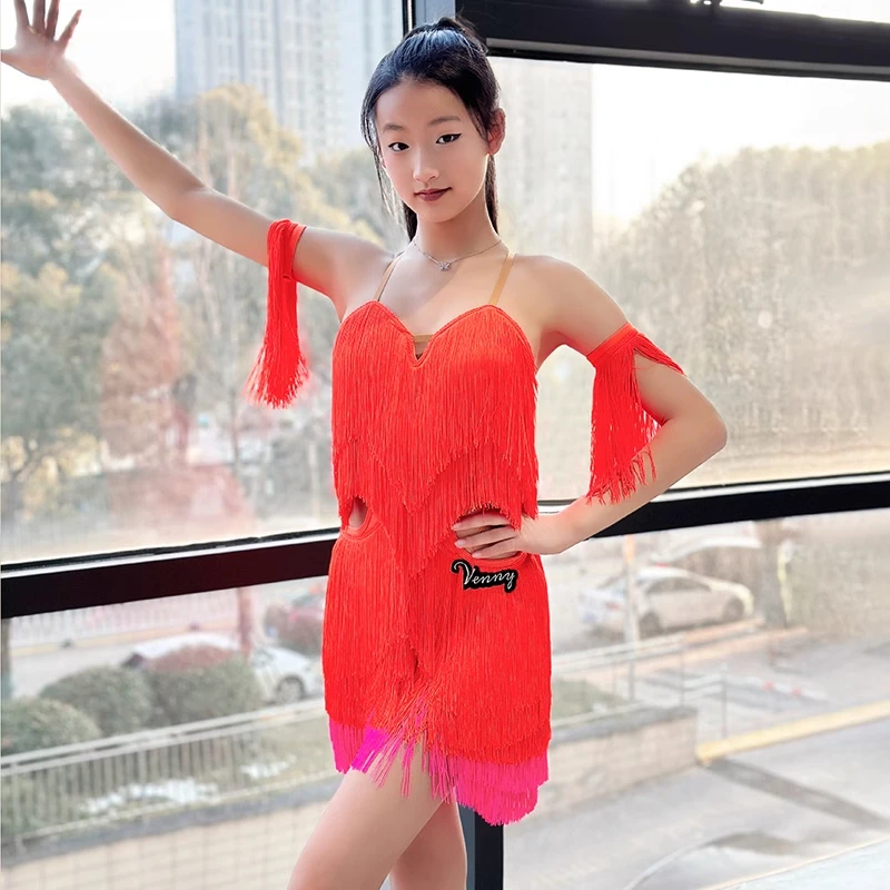 Vennystyle Latin Dance Suit Suspender Layering Backless Fairy Fluttering Fringed Skirt Girls Adult Dance Practice Suit