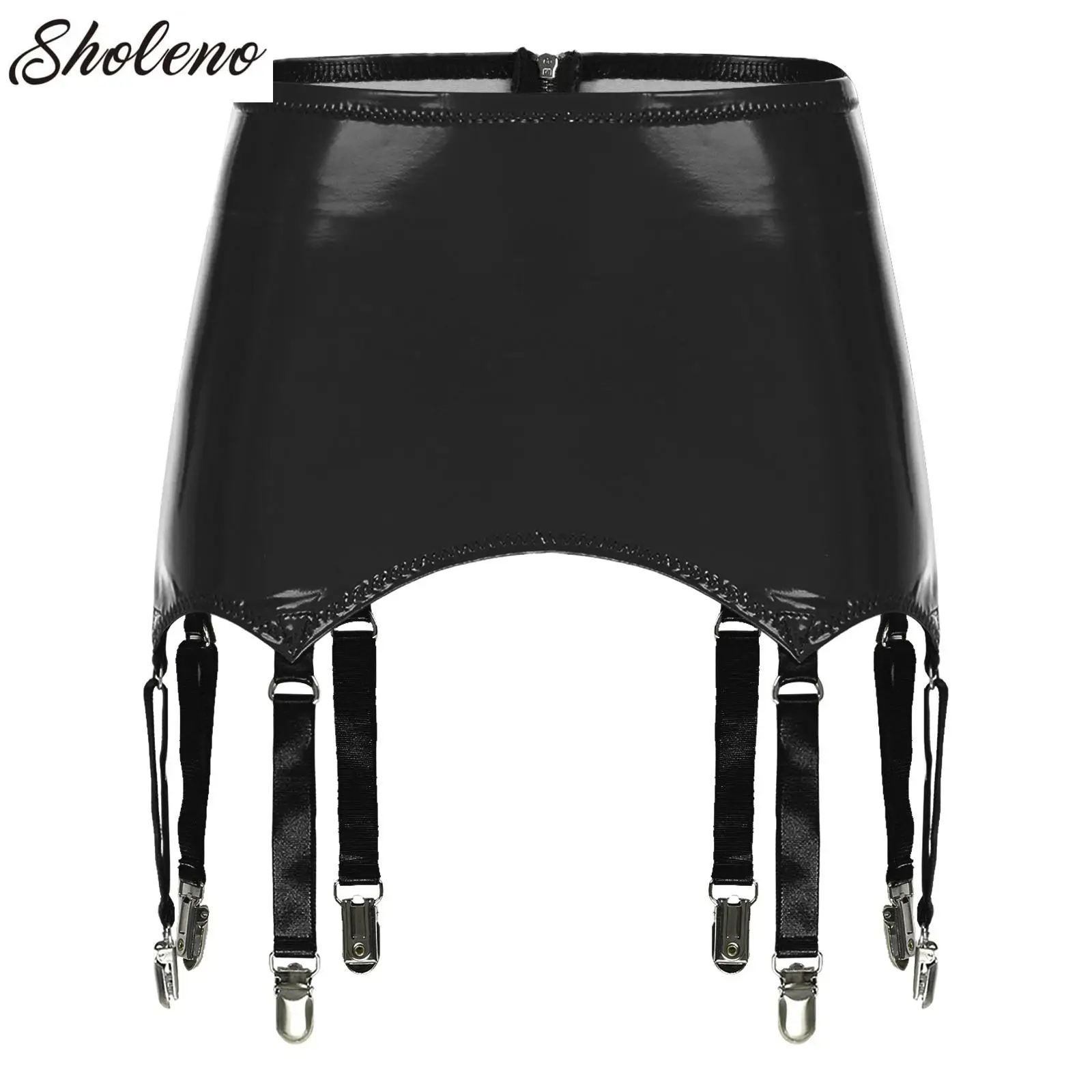 Womens Garters Suspender Belt Ladies Wet Look Mini Skirts Leather Garters with Metal Clips Stocking Clubwear Costume Underwear