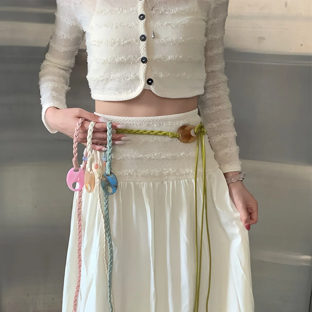 Retro Ethnic Style Woven Leather Belt with Stone Button Tie Waist Rope for Girls Maxi Skirt Holiday Bohemian Fashion Accessory