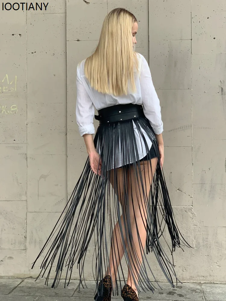 AA1 Womens Sexy Leather High Waist Faux Leather Tassel Short Skirt Halloween Party Wild Punk Rock Club Belt Accessories Costume