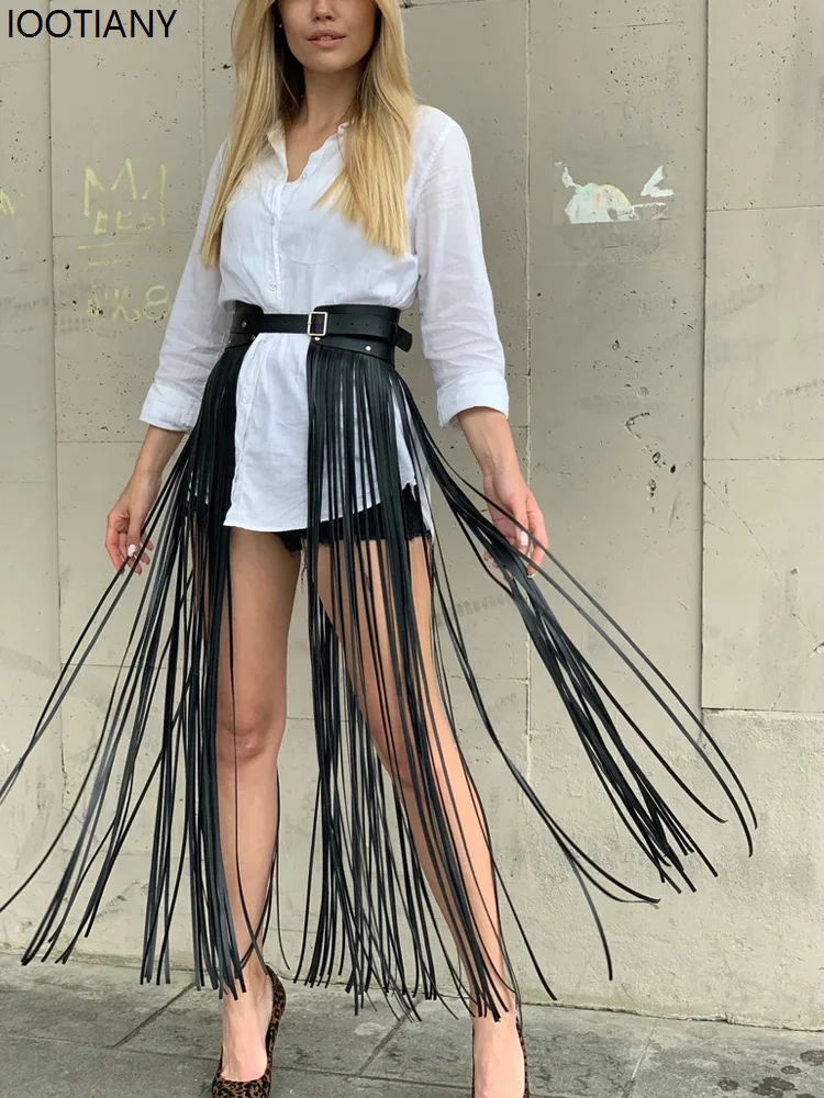 AA1 Womens Sexy Leather High Waist Faux Leather Tassel Short Skirt Halloween Party Wild Punk Rock Club Belt Accessories Costume