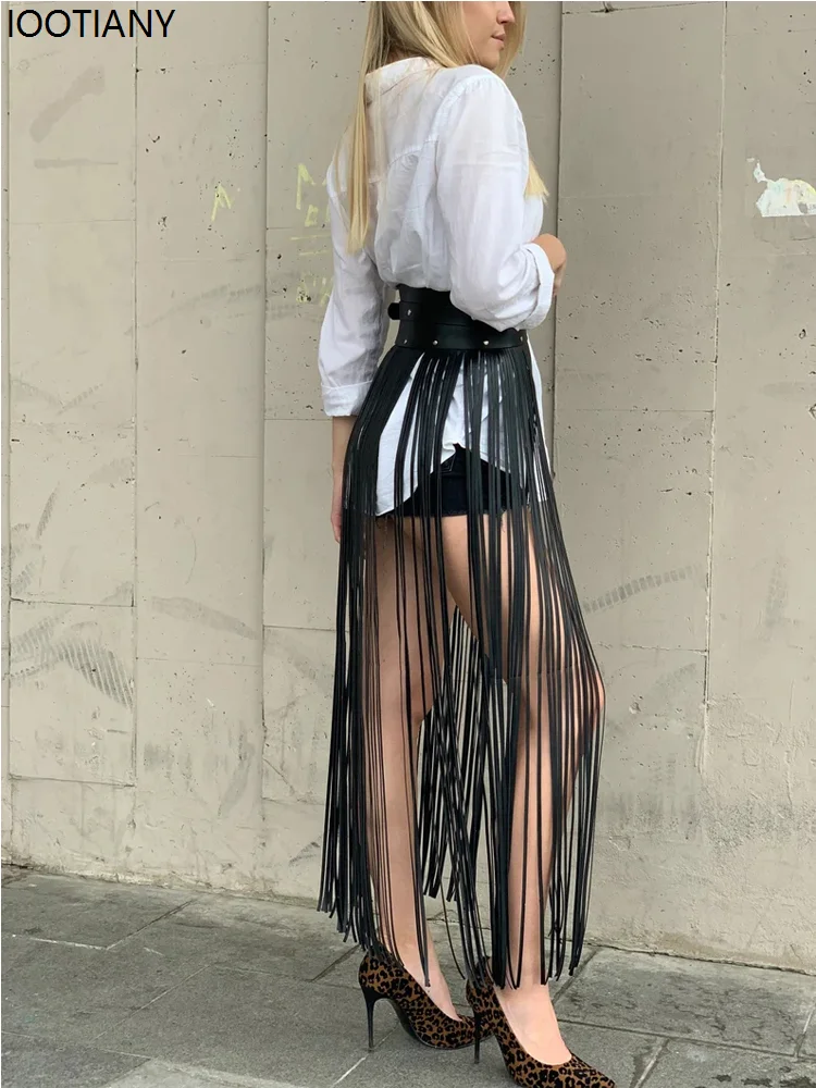 AA1 Womens Sexy Leather High Waist Faux Leather Tassel Short Skirt Halloween Party Wild Punk Rock Club Belt Accessories Costume