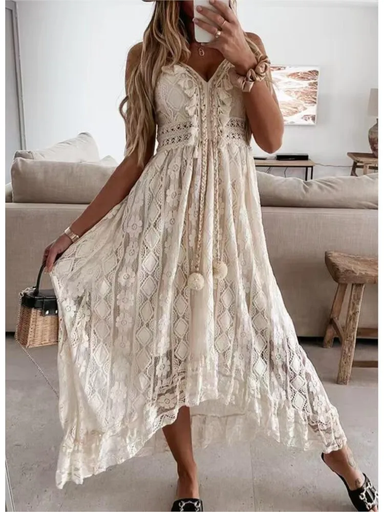 Lace Suspender Full-length Solid Color Long Skirt 2026 Summer New Fashion Temperament V-neck Dress Waist Elegant Vestidos Female