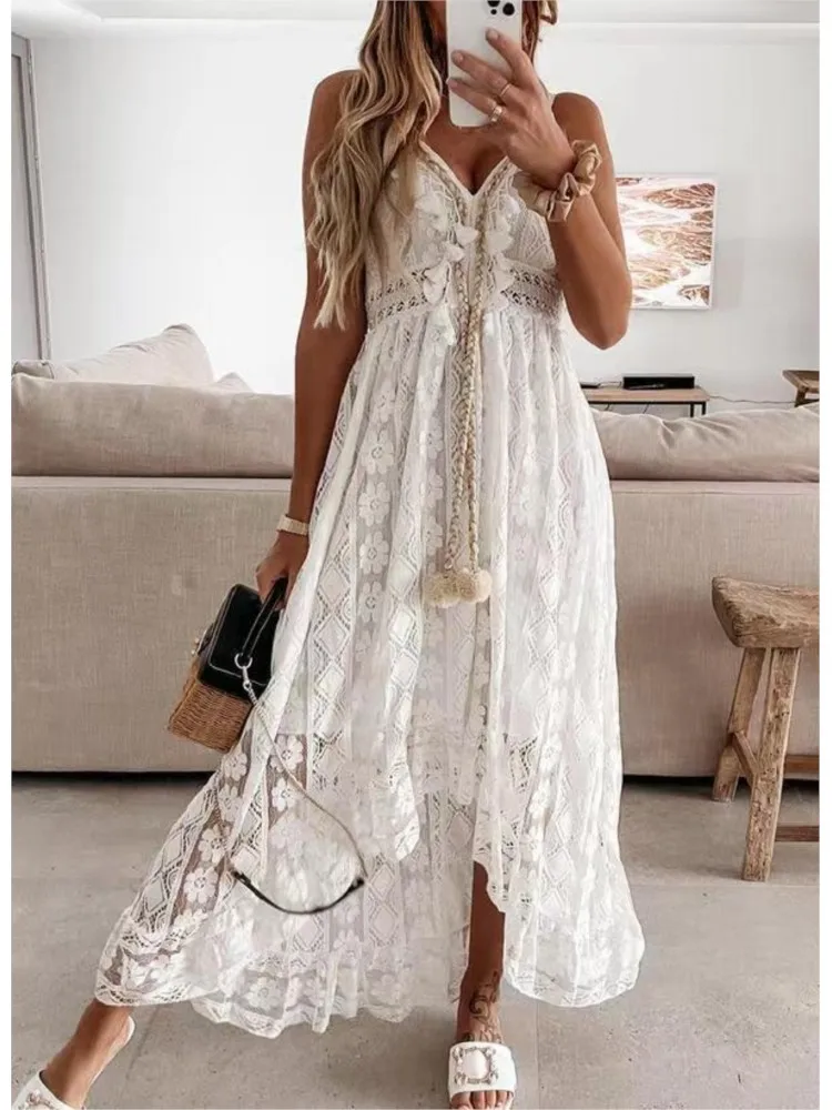Lace Suspender Full-length Solid Color Long Skirt 2026 Summer New Fashion Temperament V-neck Dress Waist Elegant Vestidos Female