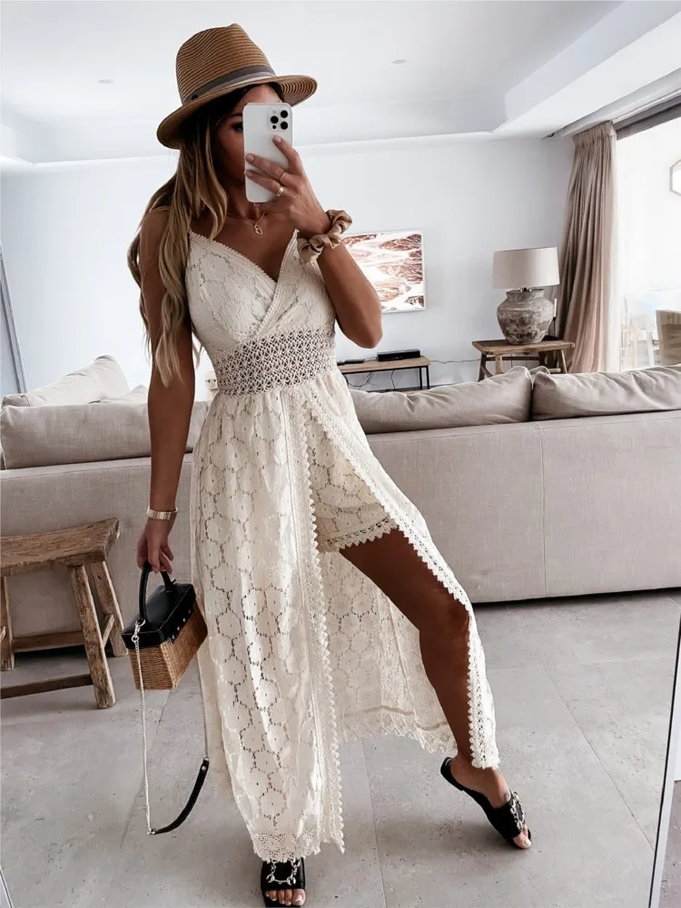 Lace Suspender Full-length Solid Color Long Skirt 2026 Summer New Fashion Temperament V-neck Dress Waist Elegant Vestidos Female